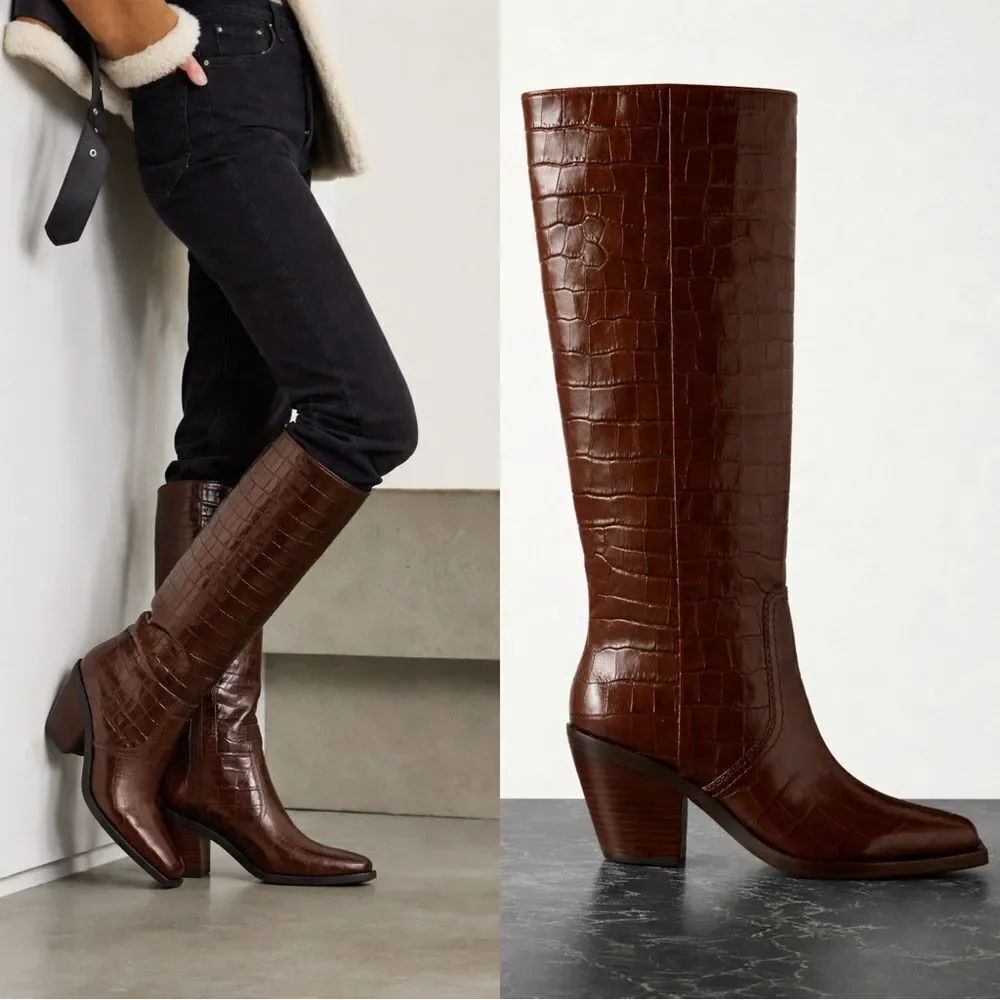 Loeffler Randall Lynn Square Toe Boots in a chocolate croc-embossed leather
